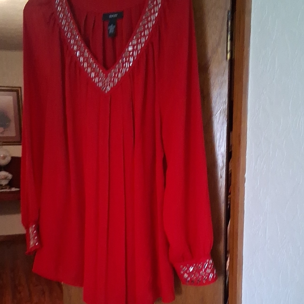 Elegant Alfani Red Blouse with Decorative Trim.  Size 16.  Length 30 Inches.